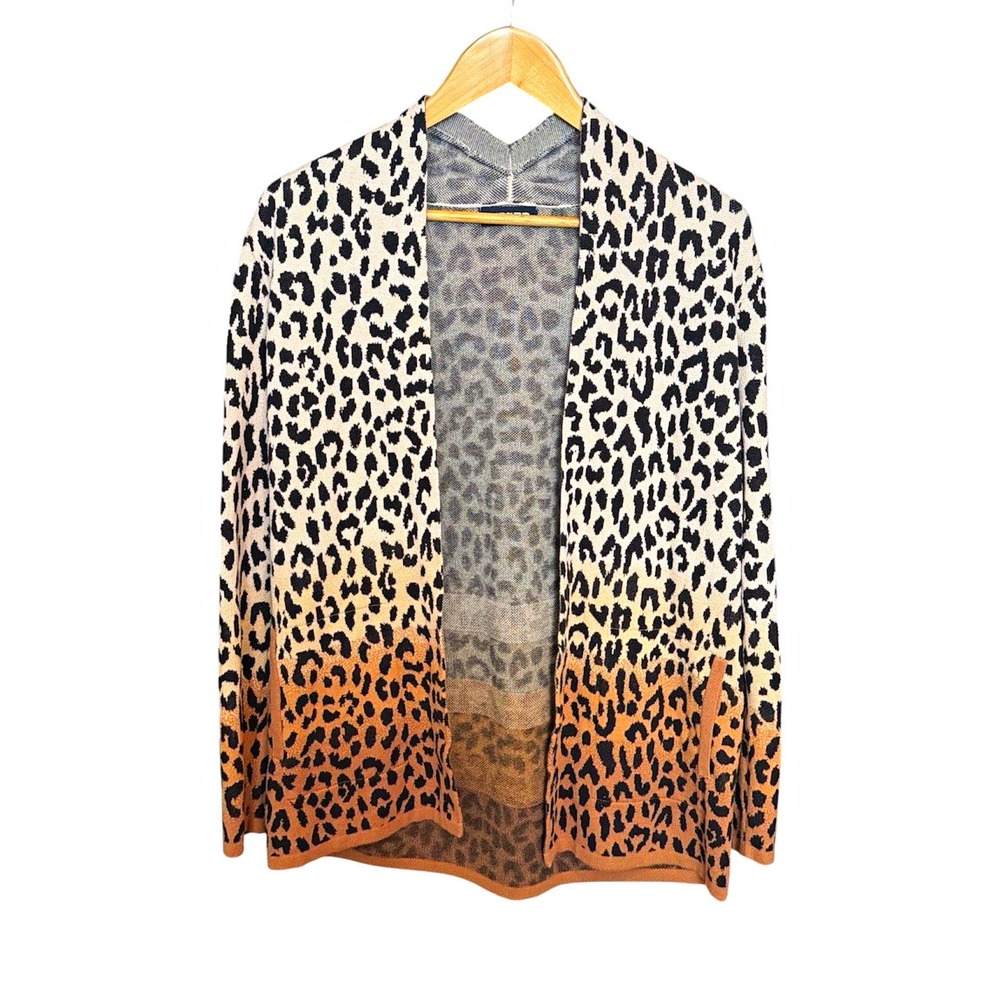 Lands' End Animal Print Open Front Cardigan Sweater Medium * Classic Cheetah